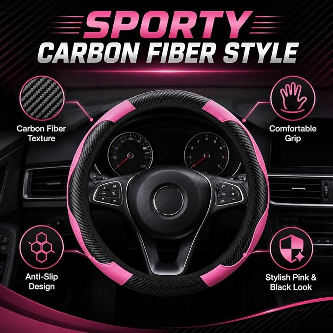Car Steering Wheel Cover 15 inch, Microfiber PU Leather Elastic Steering Wheel Protector, Anti-Slip Breathable Car Interior Accessories for Most Cars (Pink)