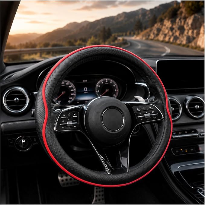 Car Steering Wheel Cover Full Surround - Soft Breathable Anti-Slip Heavyweight Safety Cover, Thick Cushioned Sports Style Universal Fit for Auto Truck SUV (Black/Red)