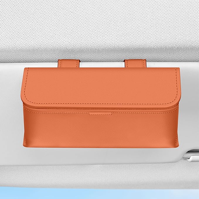Universal Car Sunglasses Holder for Sun Visor, Premium Magnetic Leather Eyeglass Hanger Clip & Visor Organizer, Large Capacity Car Interior Accessories Fit for Women Men Orange