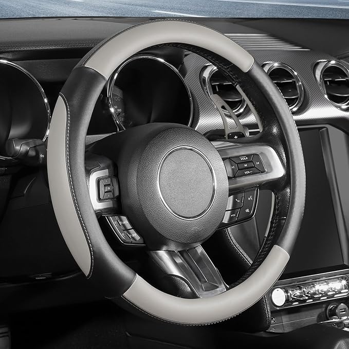 Car Steering Wheel Cover for Medium Standard Size Steering Wheels with 14 1/2-15 inches Outer Diameter, Black and Gray Microfiber Leather