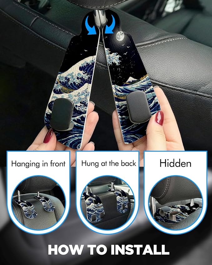 Purse Holder for Car, 2 Pack Heavy Duty Purse Hanger for Car, PU Leather Car Seat Hooks for Purses and Bags, Cute Wave Headrest Organizer for Handbags & Backpacks