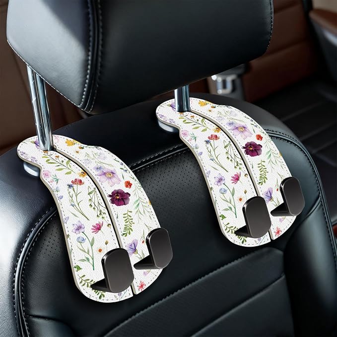 2PCS Car Seat Back Storage Headrest Hooks, Flowers Floral Purse Holder Bags Hanger, PU Leather Double Metal Hook for Backseat Organizer, Women Car Accessories Organization