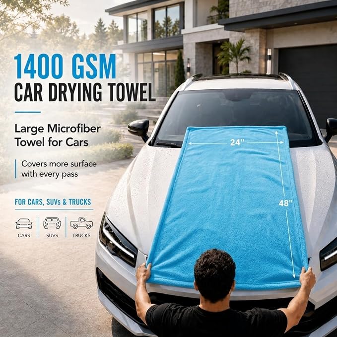 Car Drying Towel, Extra Large 48 x 24 Inch, 1400 GSM, Dual-Color | Twisted Loop Microfiber Towel for Cars - Absorbent Car Dry Towel and Car Wash Towel for Streak-Free, Paint-Safe Car Detailing