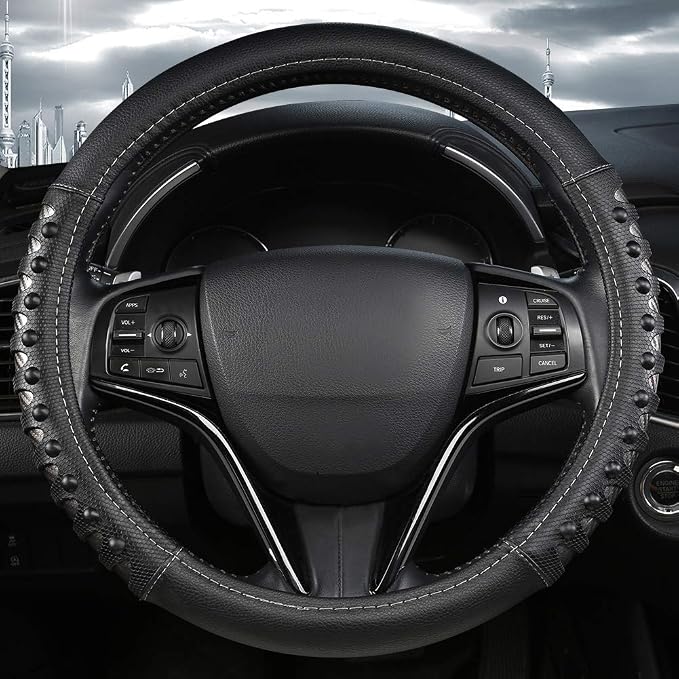 Microfiber Leather Car Steering Wheel Cover for Men Women,Universal Fit 14.5-15 inch(Leather Nails-Gray+Black-Standard Size)
