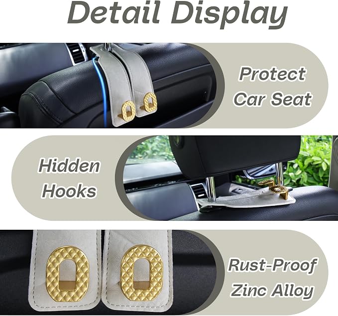 Car Headrest Hooks Universal Car Purse Hook Premium Leather and Alloy Twin Hook Car Seat Back Storage Hanger Hook for Purse Bags Cloth Drink Durable Holder Car Accessories (BH09-White-Gold-4 Pcs)