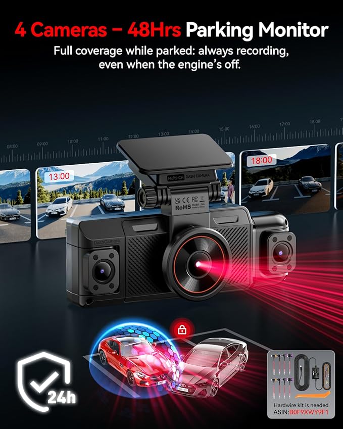 N6 360° Dash Cam 4 Channel, 5.8G WiFi-6 (up to 20MB/s) with App, Free 128GB Card, FHD Front & Rear Inside Dash Cam for Car, 8 IR Lights Night Vision, GPS, 24/7 Parking Mode, G-Sensor