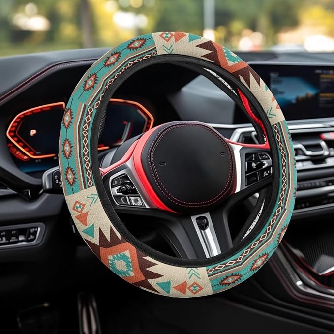 Southwest Aztec Beige Cyan Auto Steering Wheel Cover for Women Men, Universal 15 Inch Soft Elastic Steering Wheel Wrap Anti-Slip Easy to Install Car Accessories