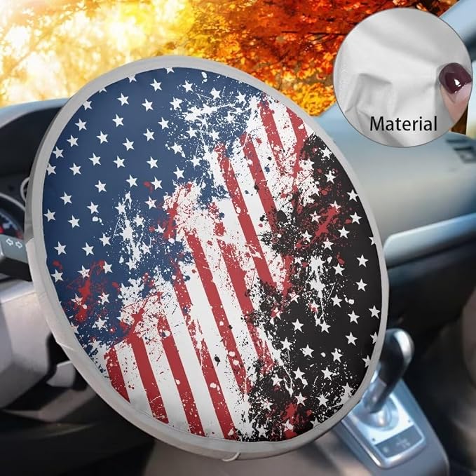 Steering Wheel Cover Sun Shade Universal Anti-Heat Aluminum Foil Auto Interior Protector, USA Flag Design Block UV Rays Cool in Summer Universal for Cars Truck SUV Van
