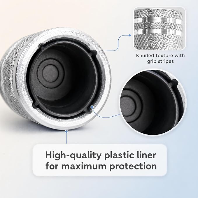 Tire Valve Stem Caps 8 Pack, Aluminum Tire Valve Caps with Plastic Liner, Corrosion Resistant Leak Proof Air Valve Caps, Universal Valve Stem Caps for Cars, Trucks, SUVs, Motorcycles and Bikes
