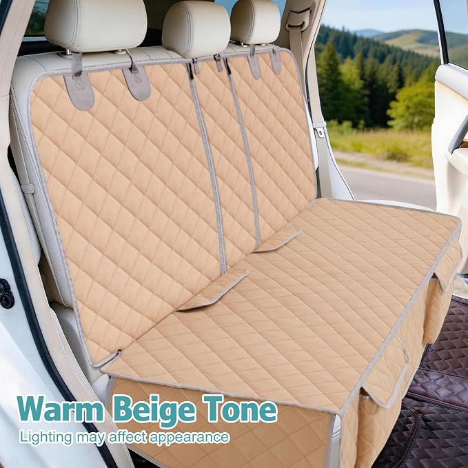 Dog Car Seat Cover for Back Seat,Armrest Compatible, Waterproof Backseat Protector, Nonslip Rear Seat Cover for Dogs & Kids, Universal Size Fits Cars Trucks SUVs (Beige)