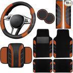 10 Pcs Car Floor Mats Full Set & Sport Leather Steering Wheel Cover 14.5-15 inch, Center Console Cover, Seat Belt Cushion, Cup Holder Coaster, Universal Automobile Interior Sets (Brown)