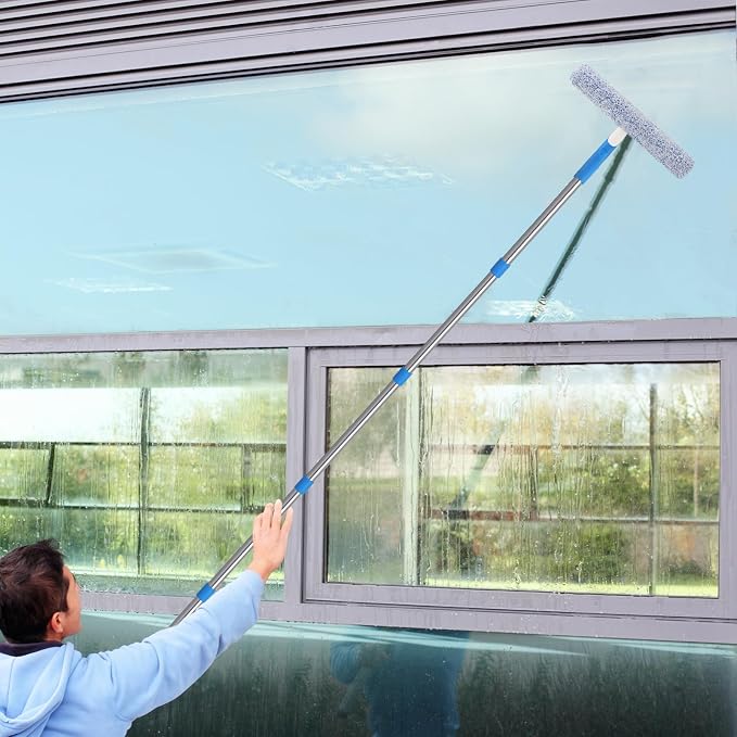 10 Feet Professional Squeegee Window Cleaner Tool with Extension Pole, Car Windshield Cleaning Kit with Long Handle, Window Washing Equipment for Indoor Outdoor Windows & Car Glass