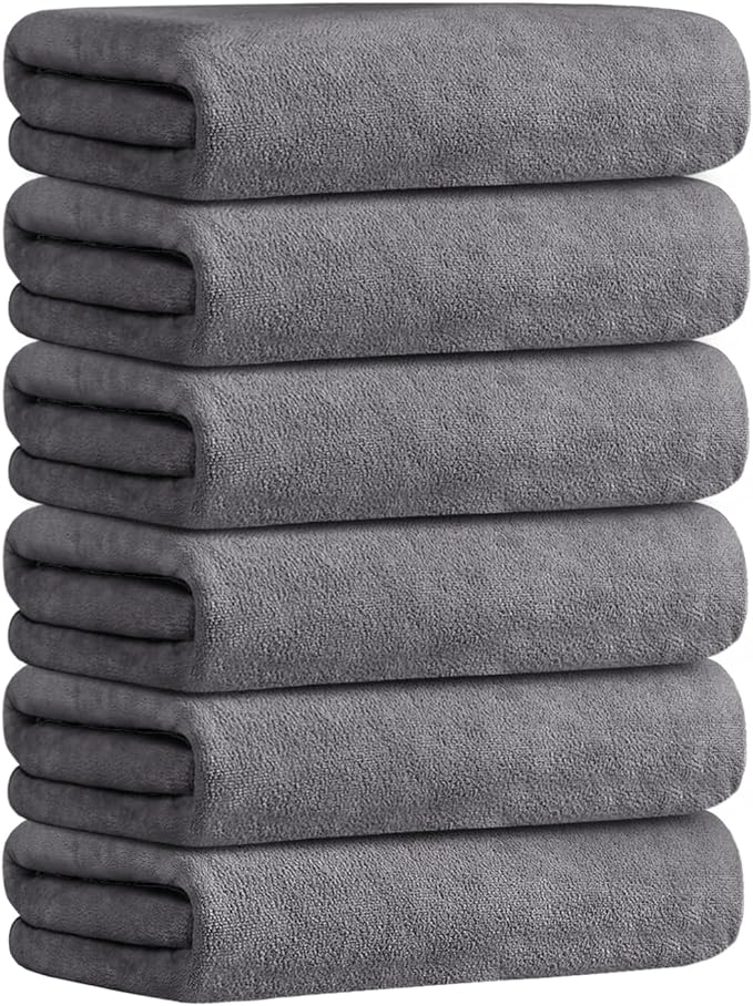 Large Microfiber Bath Towels Set 6 Pack (30" x 60") - Soft, Absorbent, Quick Drying Bathroom Towel with Hanging Hook for Adult, Swim, Gym, Spa, Fitness, Sports, Yoga, Grey