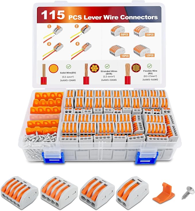 115PCS Lever Wire Connectors Nuts Kit 28-12AWG Inline Electrical Terminal 2 3 4 5 Port Assortment Quick Disconnect Push in Wires Connectors for Solid Stranded Wiring Projects