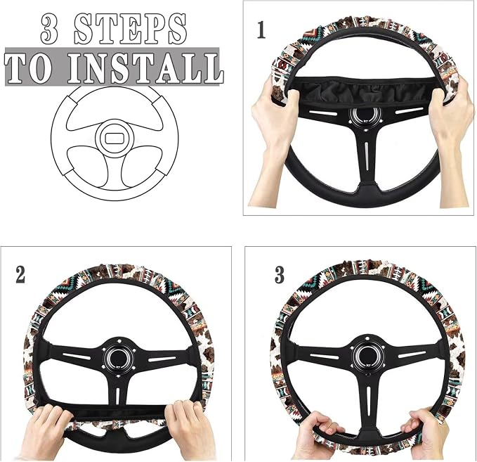 Car Steering Wheel Cover 15 Inch Universal Breathable Soft Anti-Slip Auto Accessories Steering Wheel Protector Fit for Most Vehicles, Aztec Geometric Cow Print