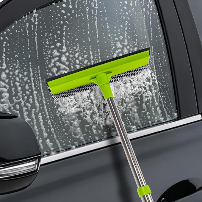 Window Squeegee with 15.7"-27.5" Retractable Stainless Steel Handle, 2-in-1 Windshield Cleaner Tool for Cars, Trucks, Glass Doors, Shower Glass, Outdoor Windows – Window Cleaner (Green)