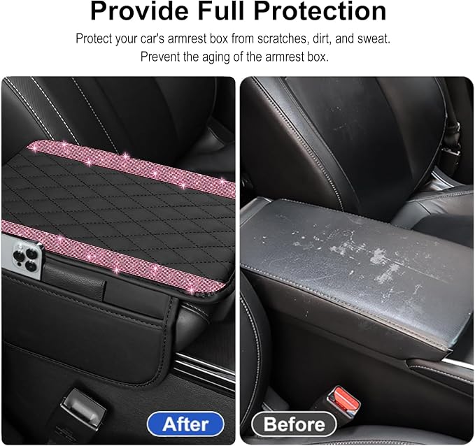 Bling Car Center Console Cover, Leather Car Arm Rest Cover Cushion with 2 Storage Bags, Universal Automotive Armrest Protector Storage Box, Bling Accessories Interior for Most Vehicles (Pink)