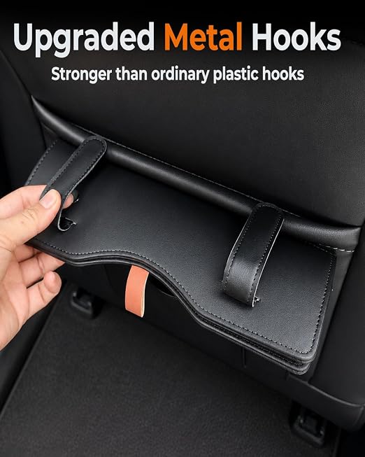 Leather Car Trash Can, Leak-Proof Odor-Lock Car Garbage Can with 60 Liners, Magnetic Closure & Liner-Hold, Storage Pocket, Metal Hooks, Hanging Car Trash Bin for SUV Sedan Truck, Black