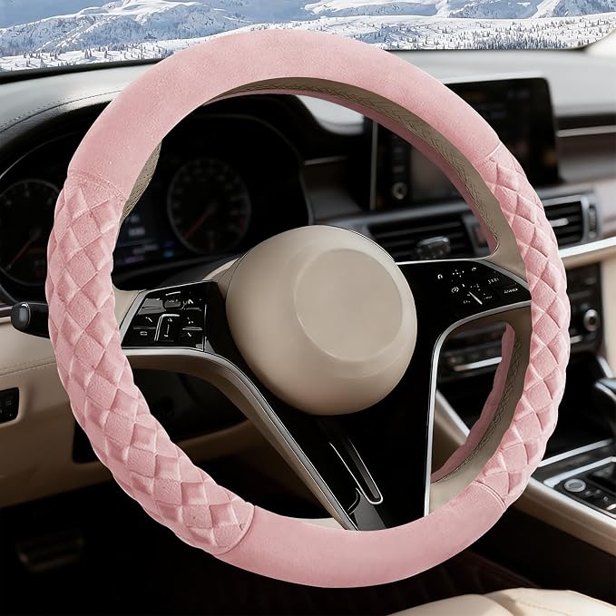 Cherry Blossom Pink Diamond Patterned Plush Steering Wheel Cover, for Universal Auto Steering Wheel 14.5-15 in, Short Fluffy, Anti-Slip, Soft Plush, Comforting and Luxurious, Odorless, Soft Texture