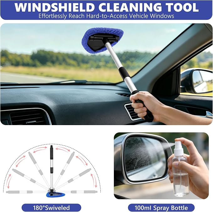 Windshield Cleaning Tool, 13PCS Car Detailing Kit Interior Cleaner, Car Window Cleaner with Extendable Handle, Car Interior Cleaning Kit with Detailing Brushes for Women Men (Blue)