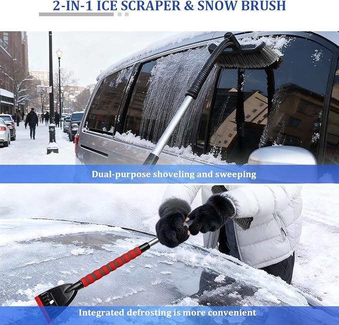 Car Snow Brush and Ice Scraper, 2 in 1 Detachable Aluminum Vehicle Snow Removal Tool with Ergonomic Foam Grip for Windshield, Automotive Ice Shovel Tool Accessories, Universal Fit (Red/Gray)