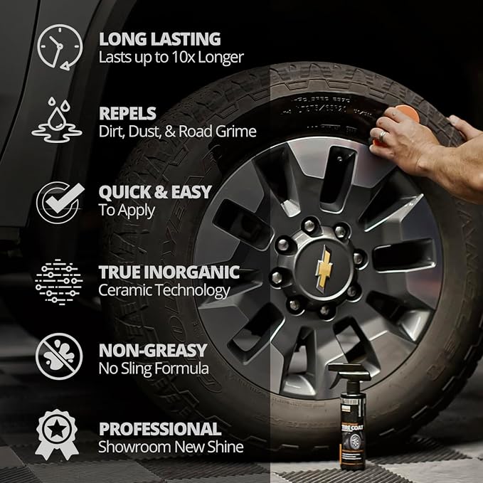 Rapid Ceramic Tire Coat - Long-Lasting Deep Black Tire Shine | Lasts up to 10X longer than traditional tire dressings with a natural satin and a no-sling ceramic finish. Car, truck, & SUV