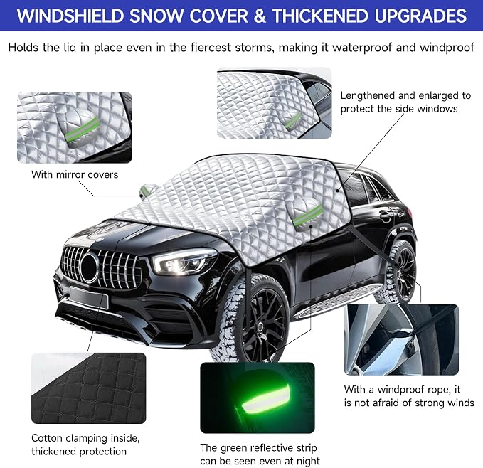 Car Windshield Snow Cover with Side Mirror Cover & 2 in 1 Brush | Thickened 4 Layers, Cold Protection, Ice Scraper, For Most Cars SUVs Trucks