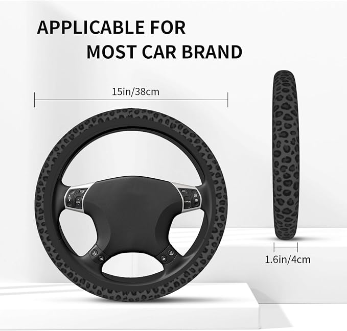Black Leopard Print Steering Wheel Cover 15 Inch Black Cheetah Steering Wheel Cover Anti-Slip Breathable Universal 2 Pcs Car Interior Cup Holder Pad for Men Women