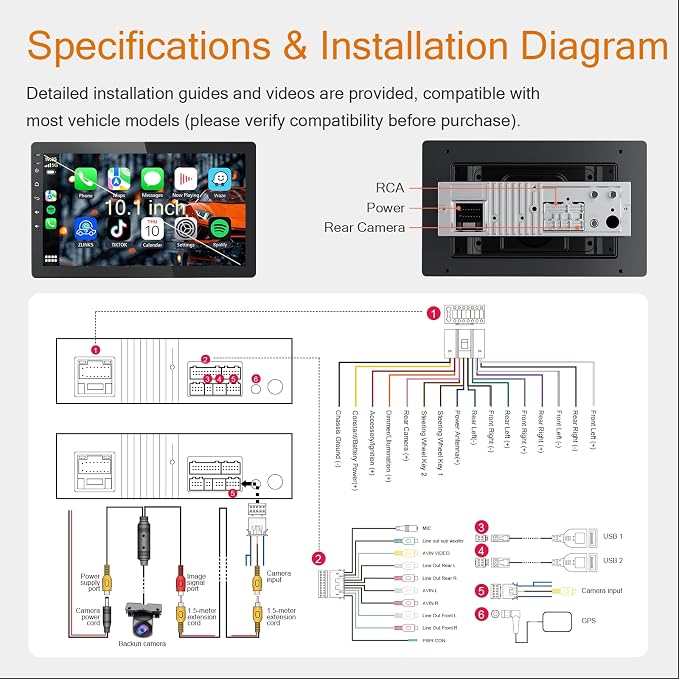 10.1 Inch Single Din 360° Rotatable Car Stereo,Support Wireless CarPlay and Android Auto,with 1080P Rear Camera,Mirror Link|Bluetooth|Music Play|AUX|FM/AM|SWC|RDS,Single DIN Car Stereo Radio