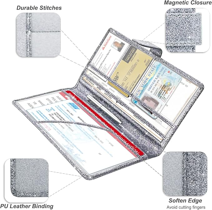 Car Registration & Insurance Holder - Leather Glove Box Organizer, Cool Accessories for ID, Driver's License Cards & Essential Documents, Men & Women, Glitter Gray