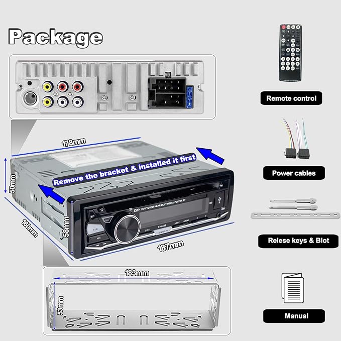 Single Din Car Stereo with CD/DVD Player | Bluetooth | FM/AM/RDS Radio | USB SD AUX Audio Receiver