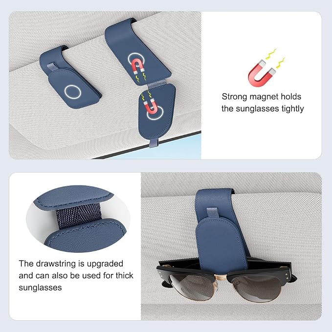 Sunglass Holder for Car Visor, Blue, 2 Packs | Suede Cloth, Magnetic, Organizer for Car Accessories