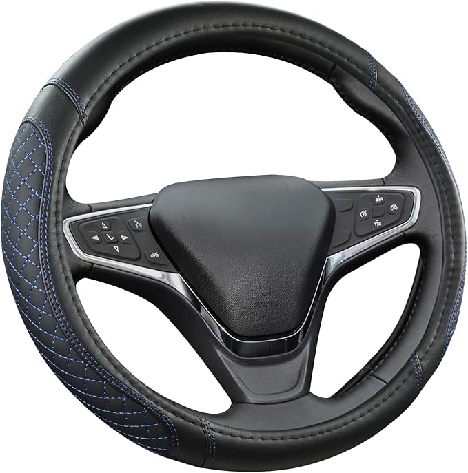 Customized Auto Car Steering Wheel Cover for Chevy Silverado,Tahoe,Equinox,Traverse,Trailblazer,Colorado (Diamond Quilted-Black+Blue-Standard Size)