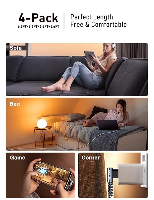 3.2A USB C Charger Cable,[4-Pack, 6.6+6.6+6.6+6.6FT] USB A to USB C Right Angle Gold-Plated Type C Charger Fast Charging Durable Braided Cord for iPhone 16 15 Samsung S10 S9 Note 10 S21 LG-Grey