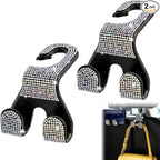 Car Headrest Hooks Bling, 2 in 1 Purse Hook for Car Seat Hooks Rhinestone Purse Hangers Holder Universal Bag Hooks Bling Car Accessories for Women 2pcs, AB Bling