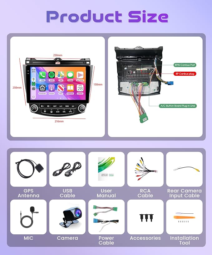 4G+64G Android 15 Car Stereo for Honda Accord 2003-2007, Car Radio Wireless Carplay Android Auto GPS Navigation 5G-WiFi Bluetooth 5.0 10.1'' Touchscreen FM/RDS EQ SWC Backup Camera