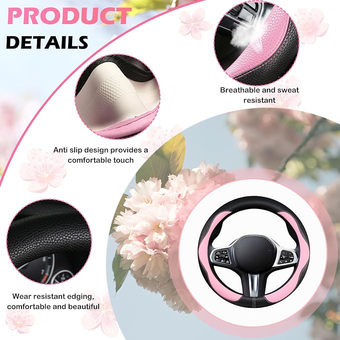 Pink Steering Wheel Cover, Non-Slip Breathable Comfort PU Imitation Leather Cute Car Accessories for Women Girl, Universal Protector in All Season 15 inch Fit Most Car