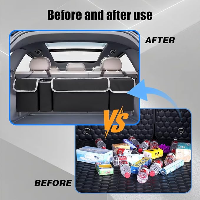 Car Trunk Organizer and Storage, Backseat Hanging Trunk Organizers and Storage, Waterproof Collapsible Cargo Large Bag with 4 Pockets, Car Interior Accessories for SUV, Truck (Black)