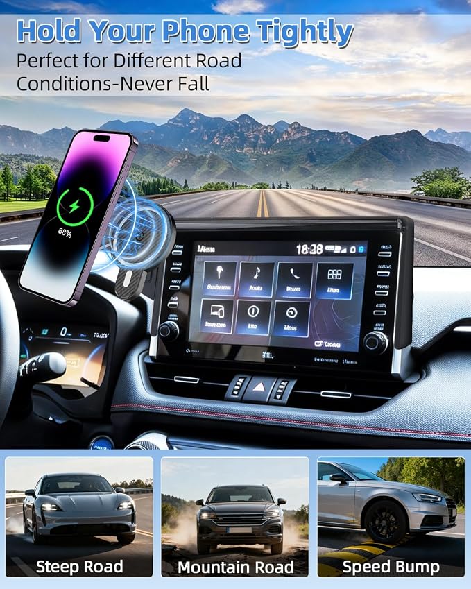 PZK Car Phone Holder for Toyota RAV4 2019-2025 Accessories 7/8-Inch Screen | Hybrid LE/XLE/Premium Magnetic 15W Fast Wireless Charger Car Phone Mount 360° Rotation Not Affect Vent (Not Fit 9/10.5'')