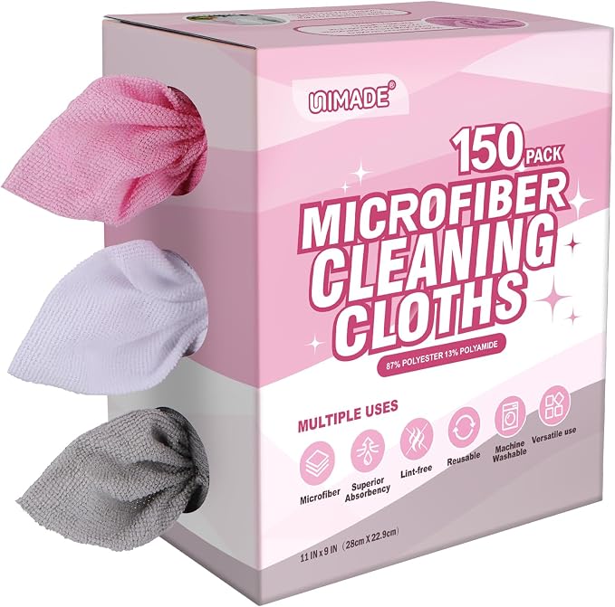 Microfiber Cleaning Cloth, 150 Pack Reusable Paper Towels Microfiber Towels for Cars Lint Free Shop Rags with Box for Home Kitchen Automotive, 11"x 9", White & Grey & Pink