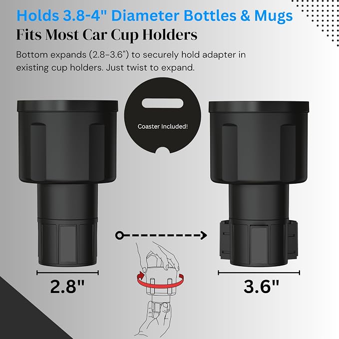 Extra Wide Car Cup Holder Expander - Made for Yeti 14oz & 46oz Rambler, Hydro Flask 24oz Mug, RTIC 36oz Bottles - Adapter Insert Extender Expandable and Adjustable