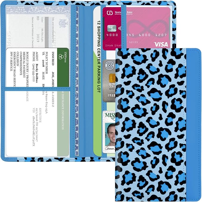 Car Registration and Insurance Holder, with Magnetic Closure for License, Cards and Documents, All Vehicle Needs and Car Accessories (Leopard-Blue)