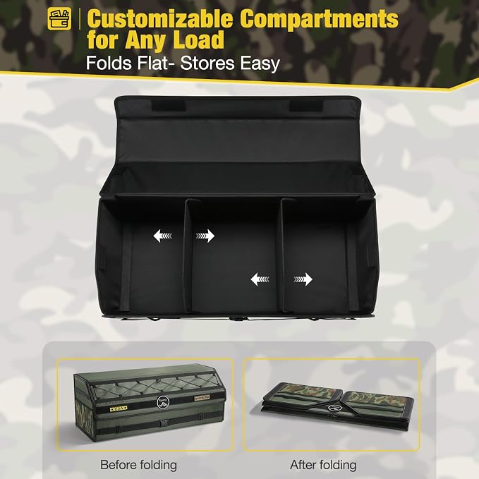 Car Trunk Organizer for SUV and Sedan, Tactical‑Green, 29.5 in | Tactical & Aerospace Oxford, Extra‑Large, Hinged Lid, Collapsible & Adjustable, Water‑Resist & Dust‑Proof