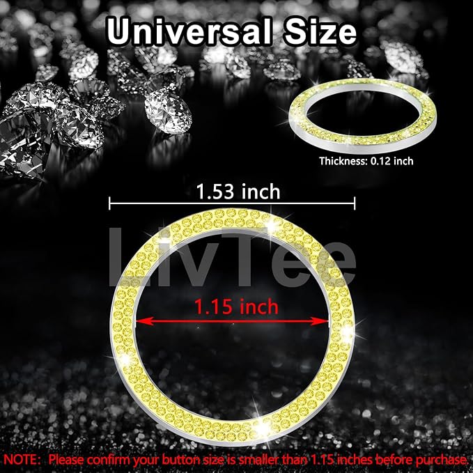 2 PCS Crystal Double Rhinestone Car Engine Start Stop Decoration Ring, Bling Car Interior Accessories for Women, Push to Start Button Cover Sticker, Automotive Decals, Lemon Yellow