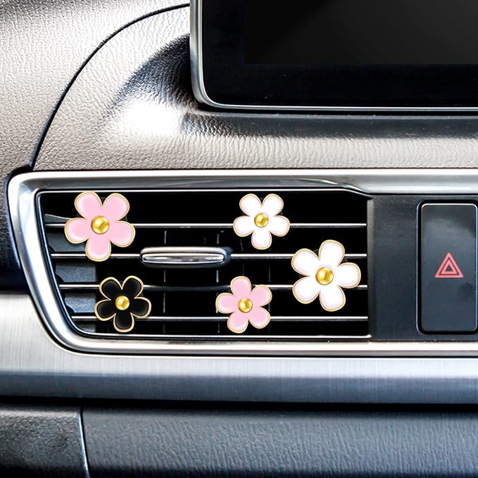 6 Pcs Daisy Flower Air Vent Clip Accessories Air Conditioning Outlet Clip Car Air Freshener Dashboard Accessories Charm Car Inter Decor(3 cm, 3.3 cm,Black, Pink, White)