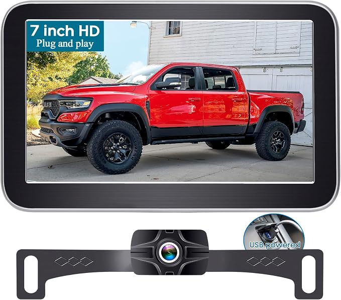 Backup Camera 7-Inch Monitor Truck: 2K USB Plug-Play Easy Set up No Glare-Led Lights Car Rear View Camera Clear Night Vision Reverse Camera DIY Parking Line - A23