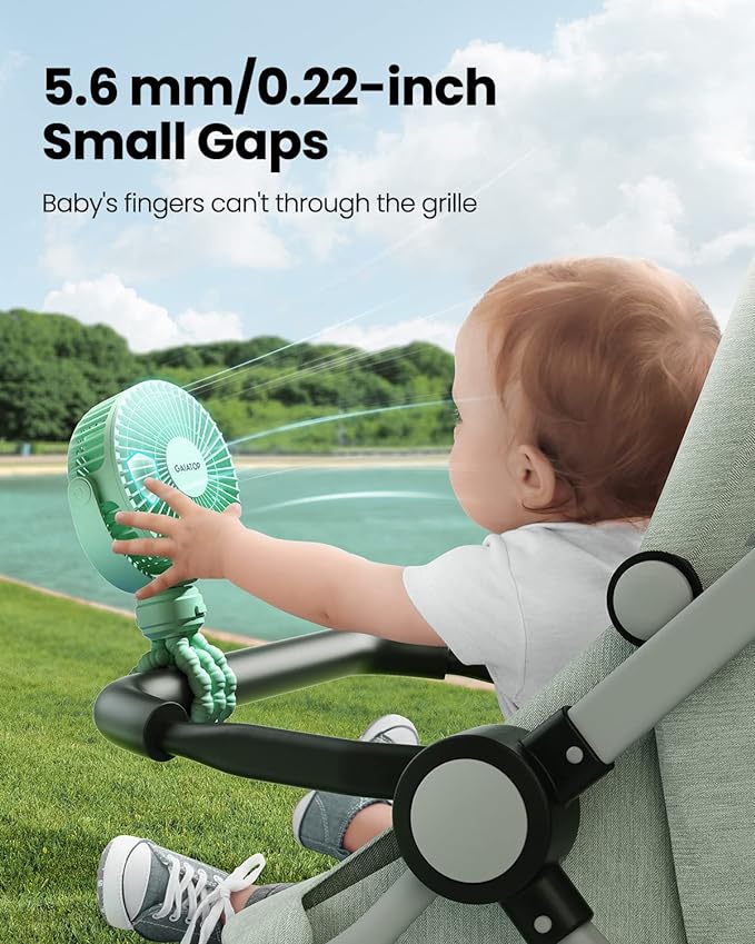 Mini Portable Stroller Fan, Battery Operated Small Clip on, Detachable 3 Speed Rechargeable, 360° Rotate Flexible Tripod Better Cooling for Car Seat Crib Treadmill Travel Green