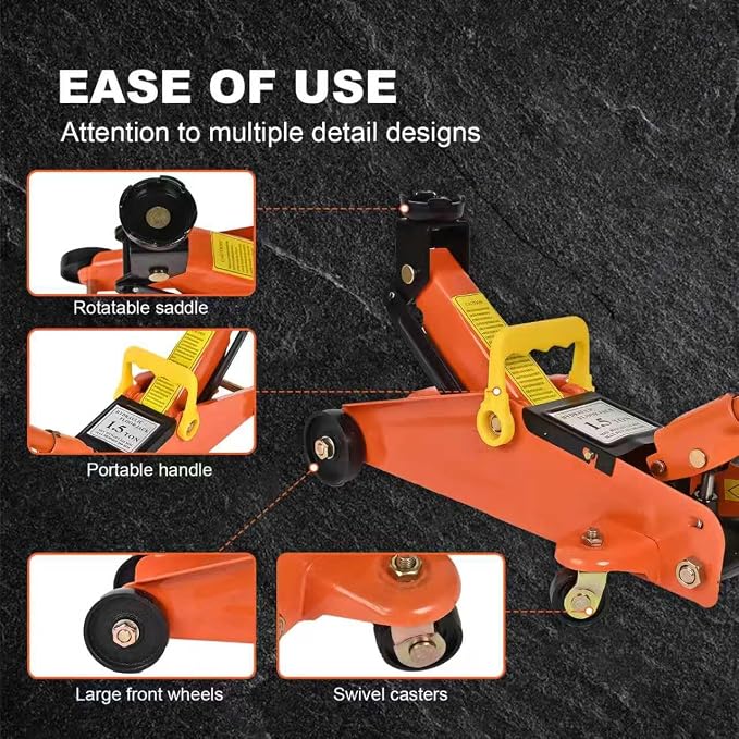 Hydraulic Floor Jack 1.5 Ton 3,300Lbs Car Lift Portable Trolley Jack 360 Degree for Cars Medium Vehicles,Orange