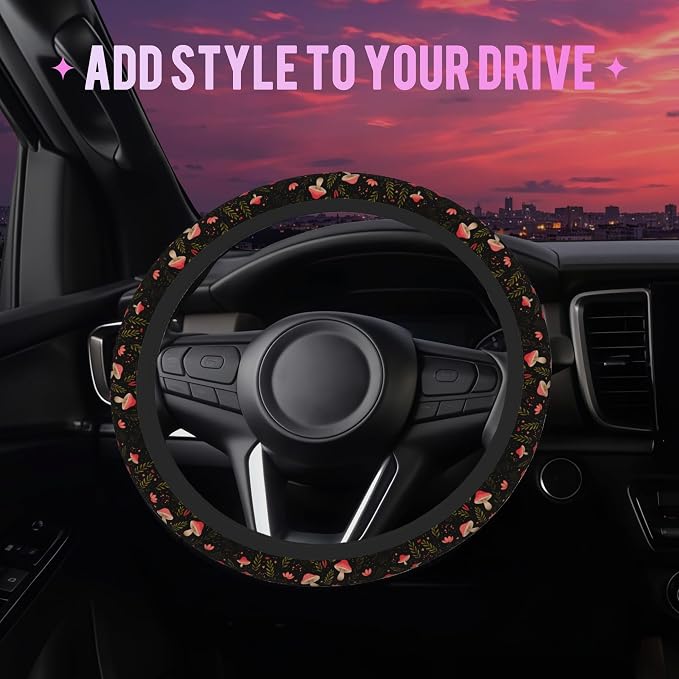 Vintage Mushroom Steering Wheel Cover for Women Men Neoprene Breathable Botanical Floral Wheel Cover Protector Anti-Slip Car Accessories Universal 15 Inch Fit for Cars Trucks Vehicles