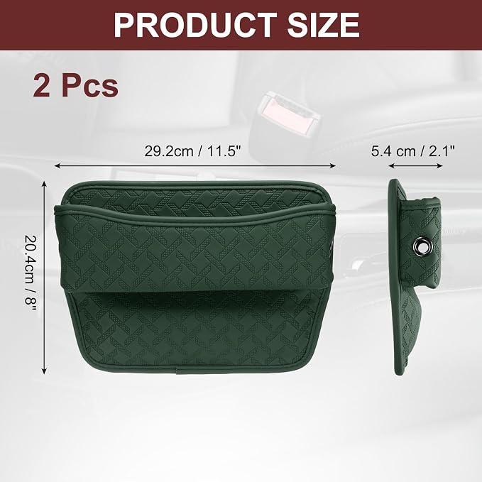 2pcs Car Seat Gap Filler Organizer 11.5 x 8 x 2.1 Inch Leather Universal Car Organizer Storage Box Between Seat and Console for Phone Keys, Dark Green
